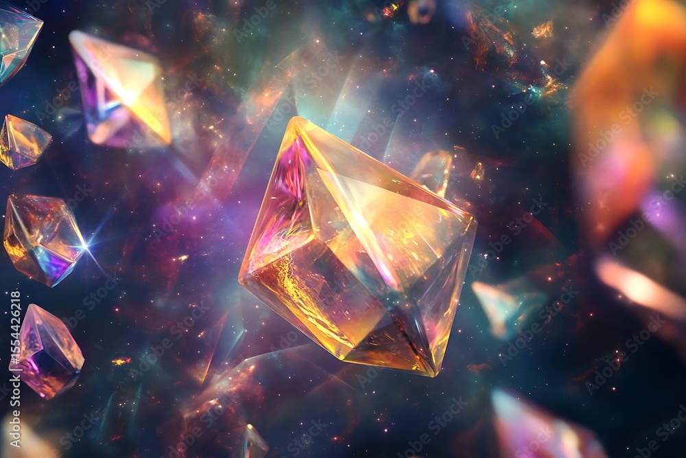 Poster • floating prisms in deep space surrounded by shifting light