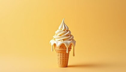 Creamy Soft Serve Ice Cream Cone with Melting Sauce on Warm Yellow Background
