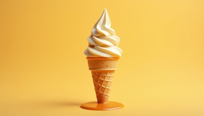 Creamy Soft Serve Ice Cream Cone against Bright Yellow Background with Dripping Caramel Sauce