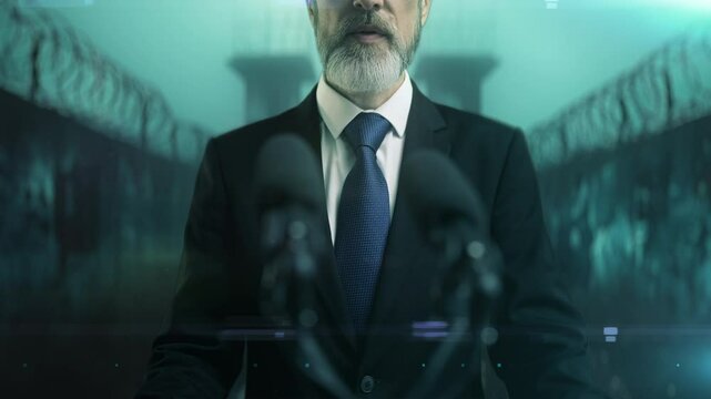 Dictator delivering propagandistic speech on barbed wire prison yard background