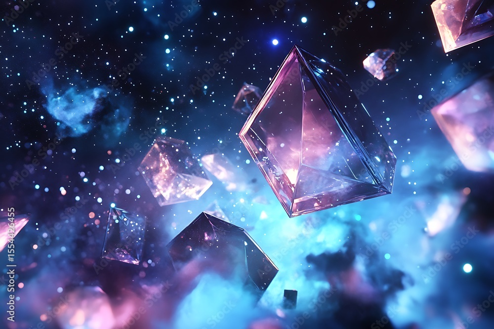 Poster • floating prisms in deep space surrounded by shifting light
