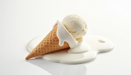Melting Ice Cream Cone with Creamy Vanilla Scoop on a White Background