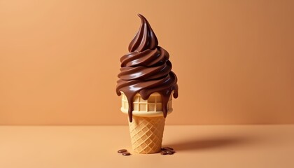 Delicious chocolate soft serve ice cream in a waffle cone dripping with sweetness