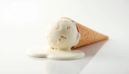 Melting Ice Cream Cone with Creamy Scoop Dripping Off Waffle Cone on White Background