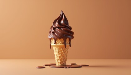 Deliciously Swirled Chocolate Ice Cream Cone Melting on a Warm Brown Surface