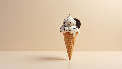 Delicious Vanilla and Chocolate Chip Ice Cream Cone on Beige Background with Cookie