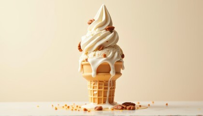 Delicious Creamy Soft Serve Ice Cream Cone with Pecans Dripping on White Surface