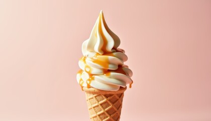 Delicious Soft Serve Ice Cream Cone with Caramel Drizzle on Light Pink Background