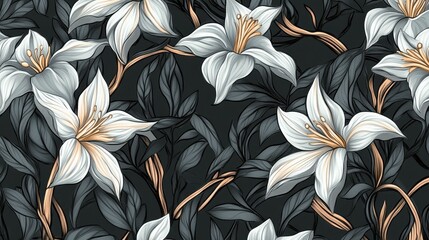 Detailed floral pattern of white lilies on a dark background.