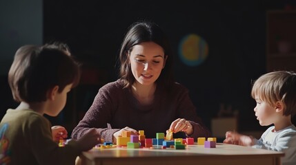 Fototapeta premium Kindergarten teacher and two children are sitting at a table playing and building with colorful blocks, developing fine motor skills and creativity in a playful learning environment
