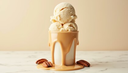 Deliciously Creamy Vanilla Ice Cream with Dripping Caramel Sauce and Pecans on Marble Surface