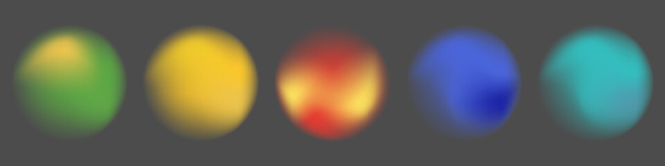 Abstract colorful gradient circle shapes set with blur soft gradient aura effect. Color gradation circles in green, yellow, red and blue hues. Holographic vector shape illustration on dark background