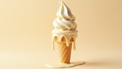 Delicious Creamy Soft Serve Ice Cream Cone Melting on a Light Neutral Background