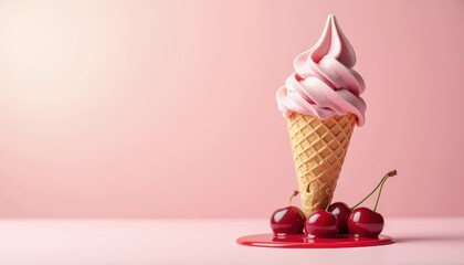 Delicious Swirl Soft Serve Ice Cream Cone with Cherry Topping on Pink Background
