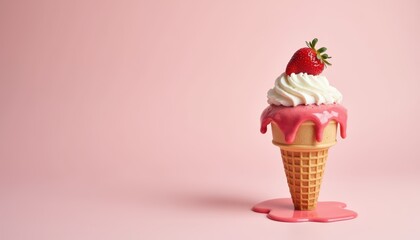 Delicious Ice Cream Cone with Strawberry and Whipped Cream on Pink Background