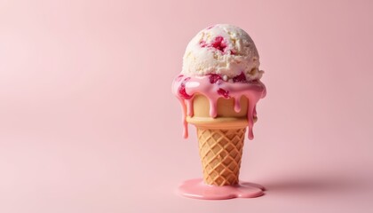Melting ice cream in a waffle cone with pink background showcasing delicious dessert delight