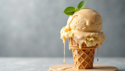 Delicious vanilla ice cream cone dripping with caramel sauce and garnished with mint leaf