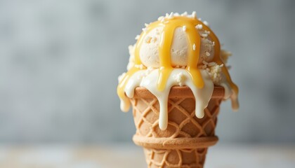 Delicious Ice Cream Cone with Soft Serve and Creamy Syrup Dripping Down the Sides