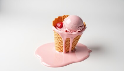 Melting Ice Cream Cone with Pink Scoop and Fresh Strawberries on White Background