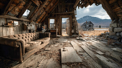 Fototapeta premium Partially collapsed rural house with broken walls and a scenic winter landscape visible through the gap