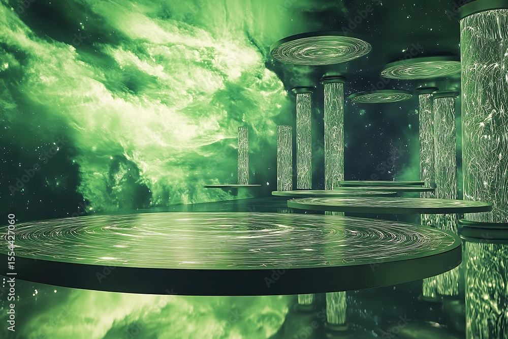 Poster • floating silver platforms with glowing patterns beneath a swirling green sky