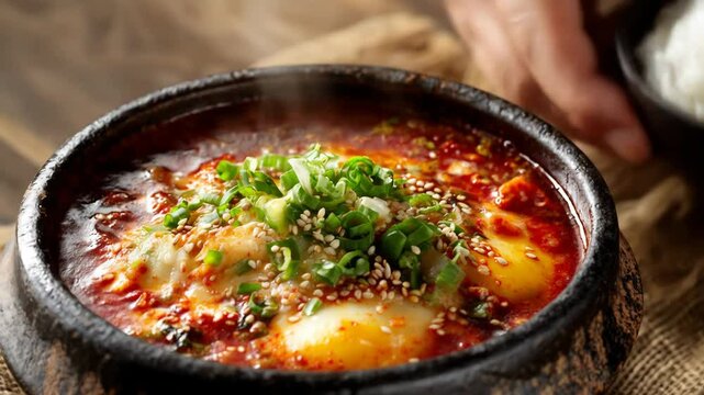 Korean sundubu jjigae with egg and tofu in hot stone pot, spicy soup, traditional asian cusine served with rice footage.