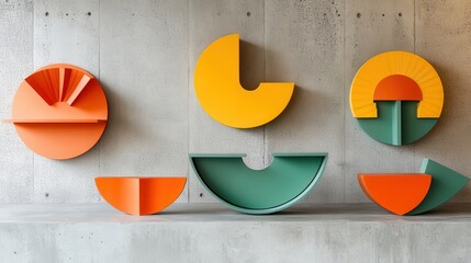 Colorful abstract wall shelves against a textured backdrop.