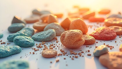 Colorful Stones on White Background, Sunlit