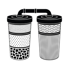 Two stylized water filters connected by a pipe in a black and white graphic illustration
