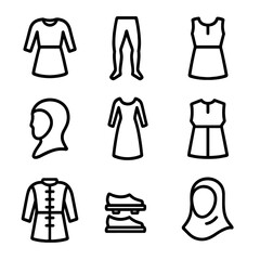 Naklejka premium Medieval Garments Icons. Outline icon set of medieval European garments: tunic, hose, surcoat, coif, cotehardie, tabard, gambeson,