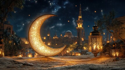 Crescent moon illuminates a desert night scene