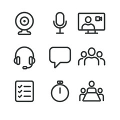 Meeting Icons Grid. Outline icon set of team stand-up or virtual meeting: webcam, microphone, video call screen, headset, speech