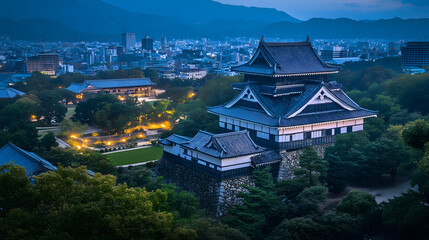 Illustration of a magnificent gray and white castle in downtown Kyoto, Japan. Illustration of popular places in the world.
