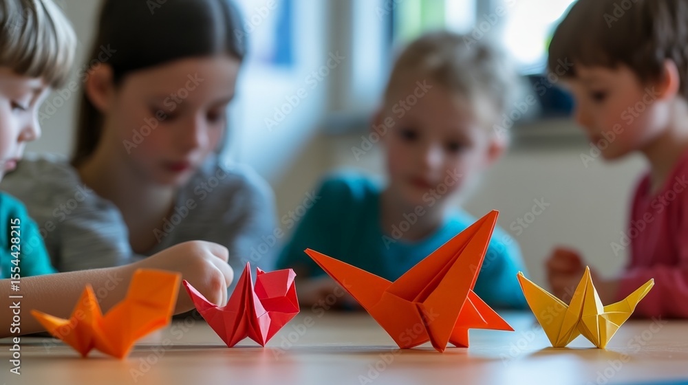 Poster group of kindergarten kids making origami animals with colorful paper, developing their fine motor s