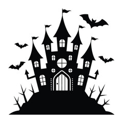 Black Silhouette of Spooky Castle with Bats for Halloween