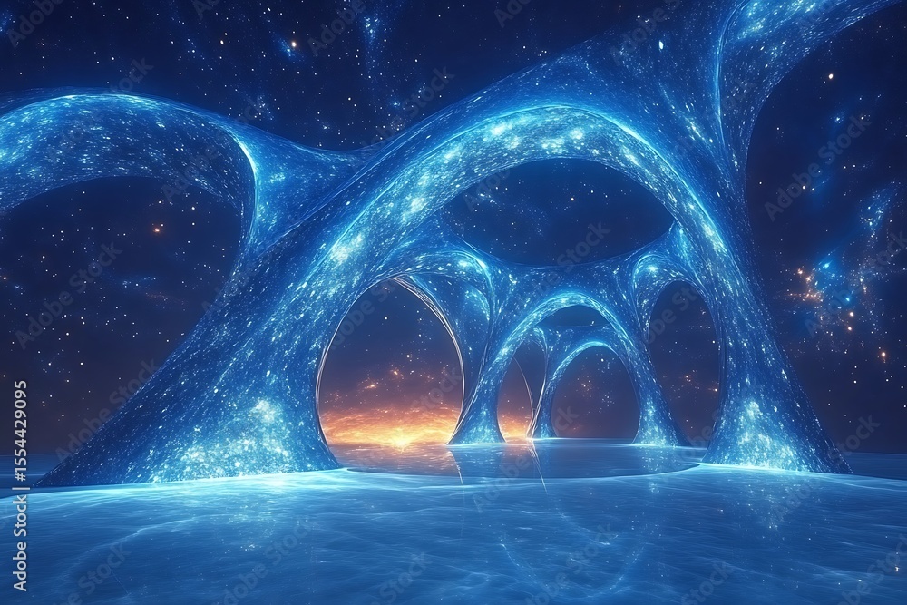 Poster fractal nebula structures bend across a glowing blue void
