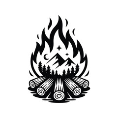 Campfire with Mountains and Trees Silhouette Design in Black and White