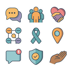 Mental Health Support Icons. Isometric Flat icon set of mental health community support: forum chat bubbles, group silhouettes,