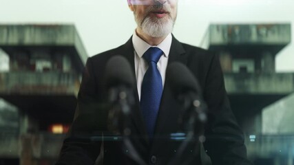 Man prime minister making official statement on poor residential area background