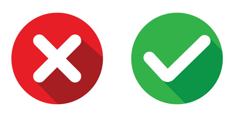 Tick and cross icon signs.  green and red isolated on white background, right and wrong button. True, false, cross, correct and error flat design. Vector illustration. 