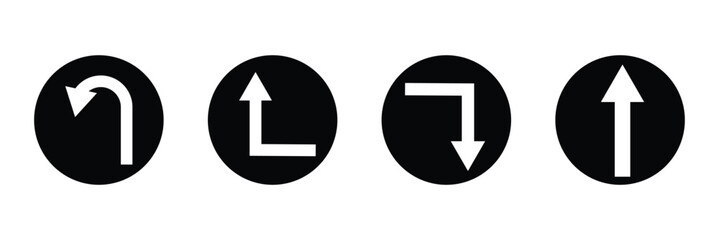 Go Straight This Way One Way Only U Turn Left and Right Blue and White Arrow Round Circle Traffic Sign Direction Icon Set. Vector Image. EPS 10 . Vector Illustration . 