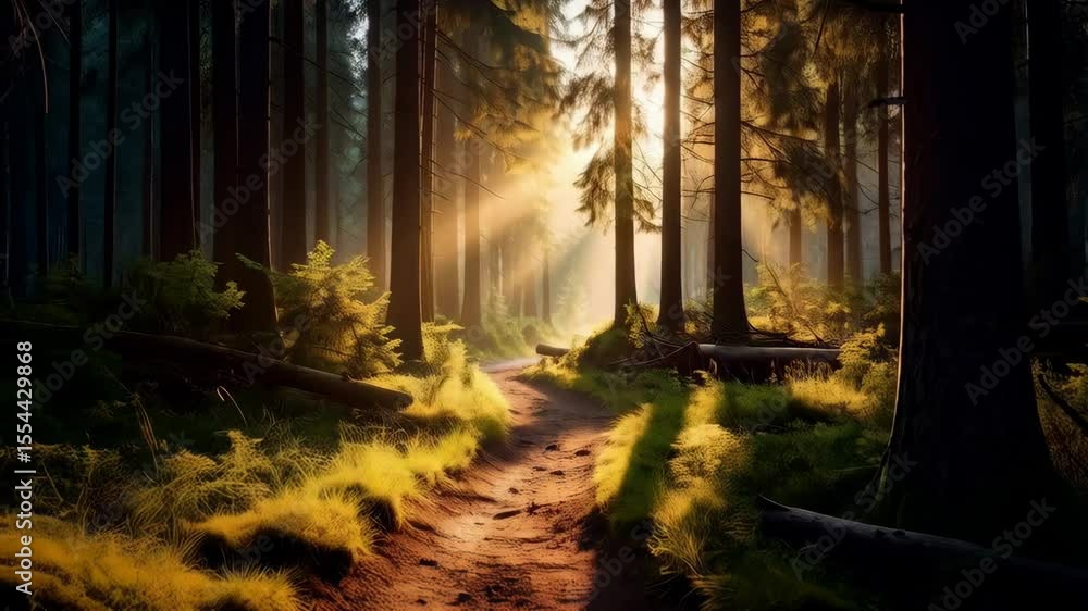 Poster sunlight filters through tall trees illuminating a winding dirt path in a lush forest creating a tra