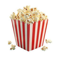 Freshly Popped Popcorn in a Red and White Striped Container with Spilled Kernels on the Table Surface