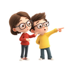 Cartoon children pointing and discussing with excitement in playful colorful attire in a bright environment