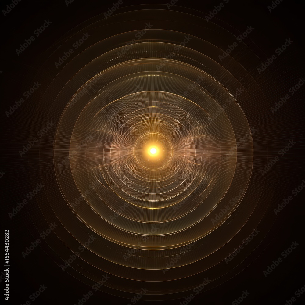 Poster radiant circular patterns emanating from a central luminous sphere showcasing intricate light waves 