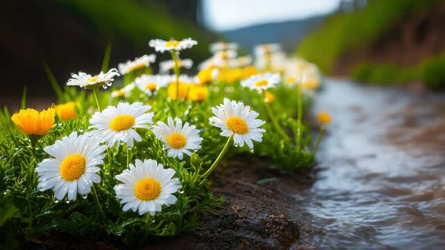 rainfall flowing in daisy flower field motion , river flowing side of daisy flowers garden motion, rain fall drops on daisy flower in the grass