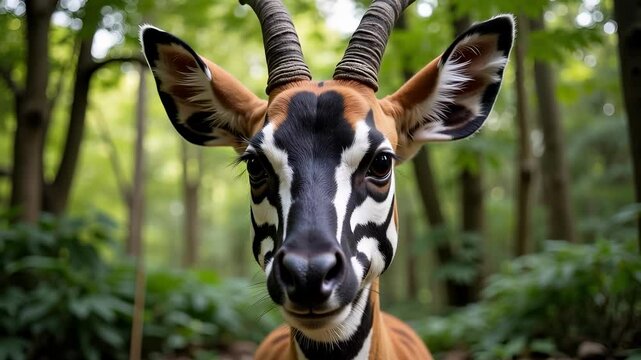Okapi Frontal Face Close-Up &ndash; Zebra-Like Muzzle Striping and Velvety Markings with Rainforest Background