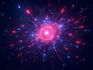 Obraz premium Abstract Futuristic Neon Glow Radiating Pink Blue Light Streaks Central Ring Digital Energy Burst image