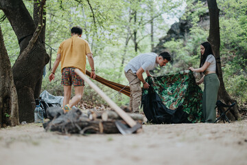 Three friends collaborate to assemble a camouflage tent amidst a serene forest landscape. Camping...