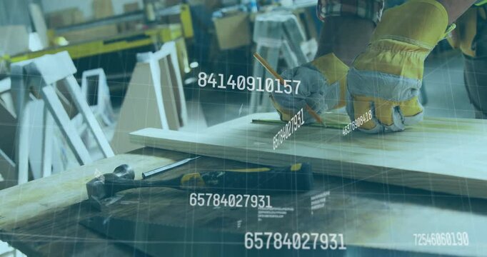 Woodworker unfolding tape measure and marking board with AR overlays vectors preparing for cutting
